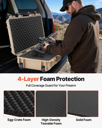 Hård gevärsväska, låsbar gevärsväska med 4 lager förskurna skum, 914 mm vapenförvaring med hjul, IP67 vattentäta och dammtäta pistolförvaringsväskor för gevär, hagelgevär, airsoftvapen, khaki