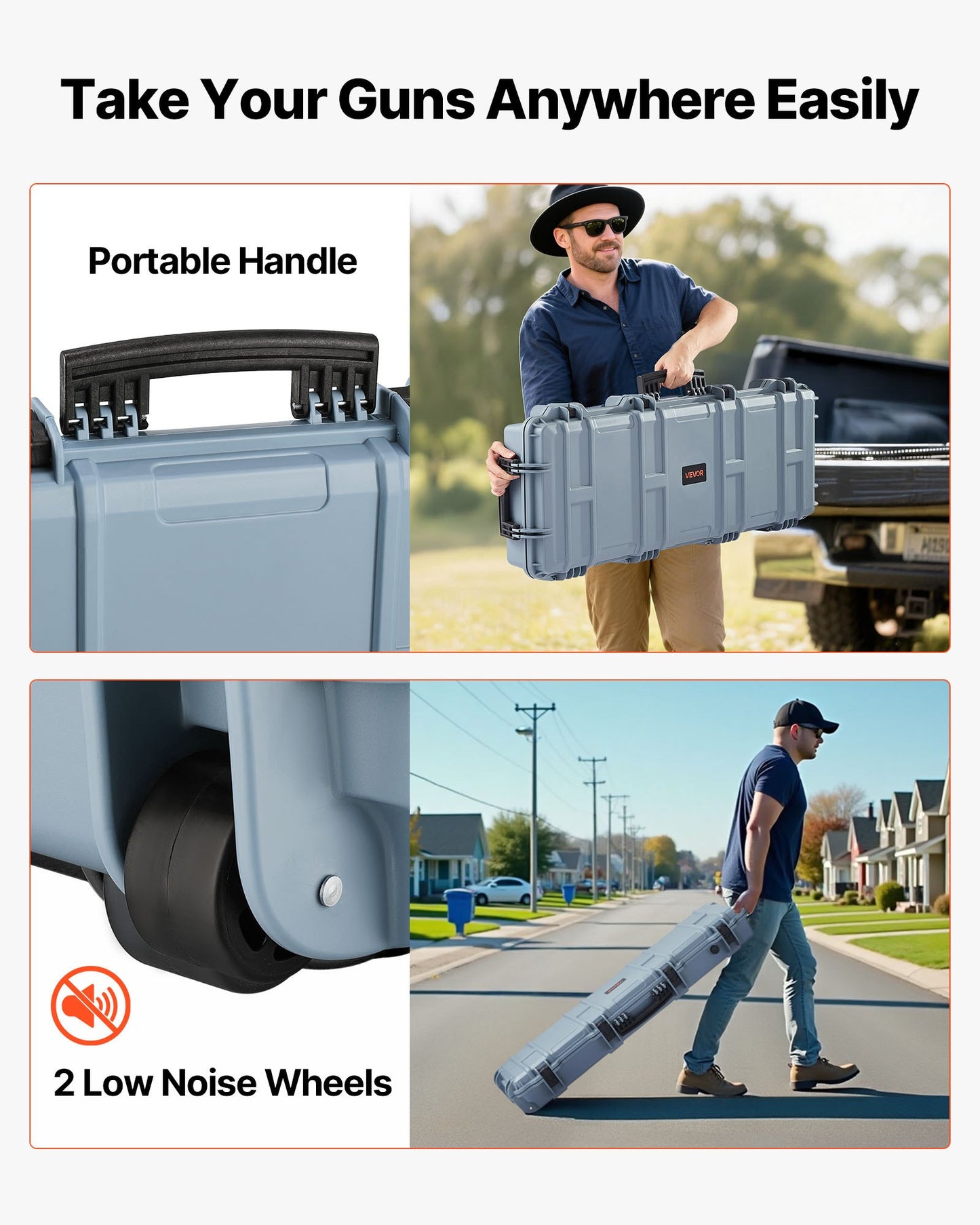 Hård gevärsväska, låsbar gevärsväska med 4 lager förskurna skum, 914 mm vapenförvaring med hjul, IP67 vattentäta och dammtäta pistolförvaringsväskor för gevär, hagelgevär, airsoftvapen, grå
