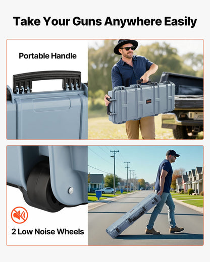 Hård gevärsväska, låsbar gevärsväska med 4 lager förskurna skum, 914 mm vapenförvaring med hjul, IP67 vattentäta och dammtäta pistolförvaringsväskor för gevär, hagelgevär, airsoftvapen, grå