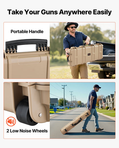 Hård gevärsväska, låsbar gevärsväska med förskurna skum, 1016 mm vapenförvaring med hjul, IP67 vattentät och dammtät flyttbar stor pistolförvaring för gevär, hagelgevär, airsoftvapen, kaki