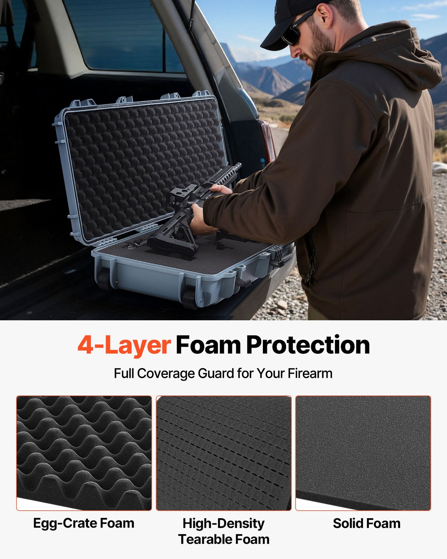 Hård gevärsväska, låsbar gevärsväska med förskurna skum, 1066 mm flyttbar vapenförvaring med hjul, IP67 vattentät och dammtät pistolförvaring för gevär, hagelgevär, airsoftvapen, grå
