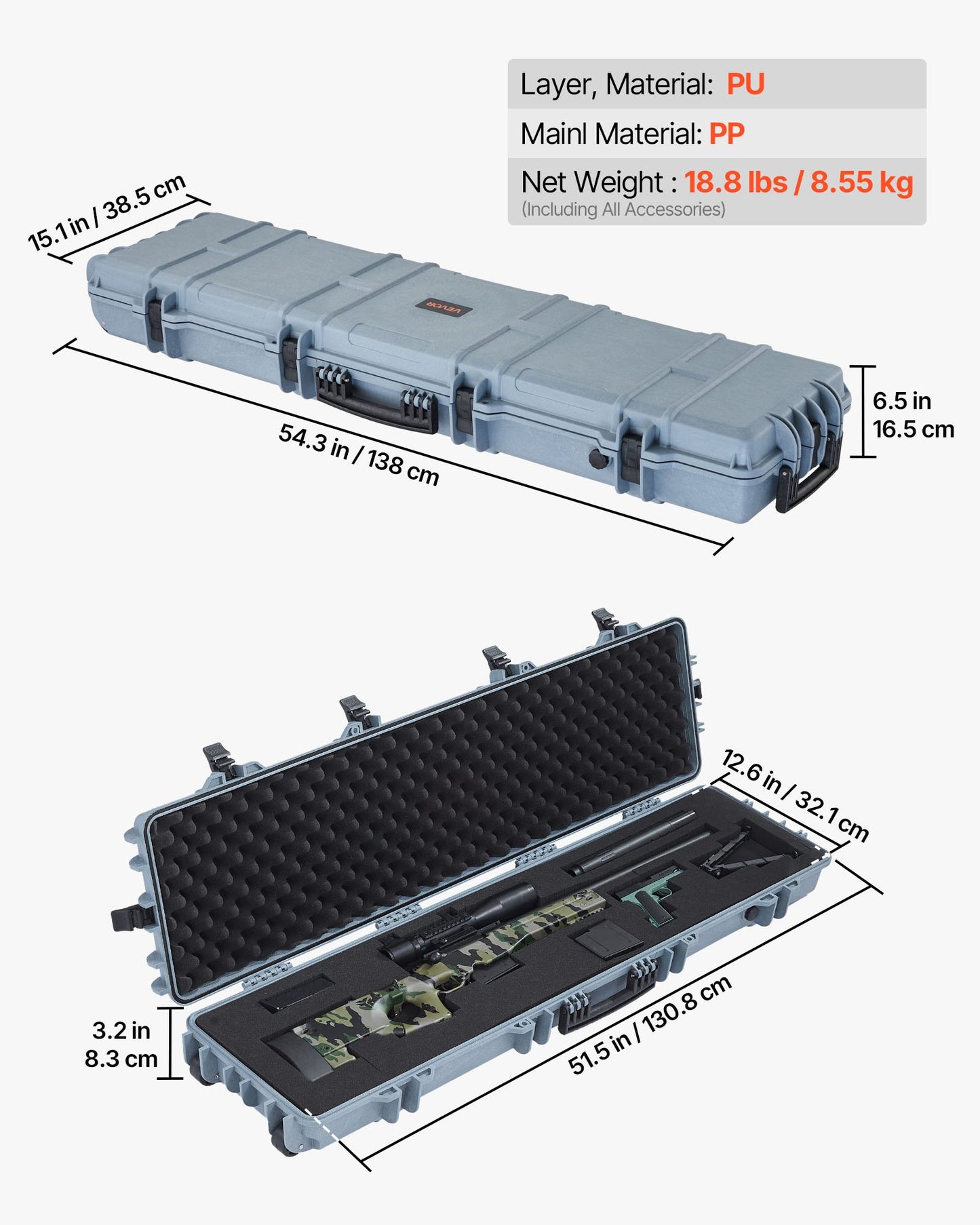 Hård gevärsväska, låsbar gevärsväska med förskurna skum, 1270 mm flyttbar vapenförvaring med hjul, IP67 vattentät och dammtät pistolförvaring för gevär, hagelgevär, airsoftvapen, grå