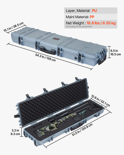Hård gevärsväska, låsbar gevärsväska med förskurna skum, 1270 mm flyttbar vapenförvaring med hjul, IP67 vattentät och dammtät pistolförvaring för gevär, hagelgevär, airsoftvapen, grå