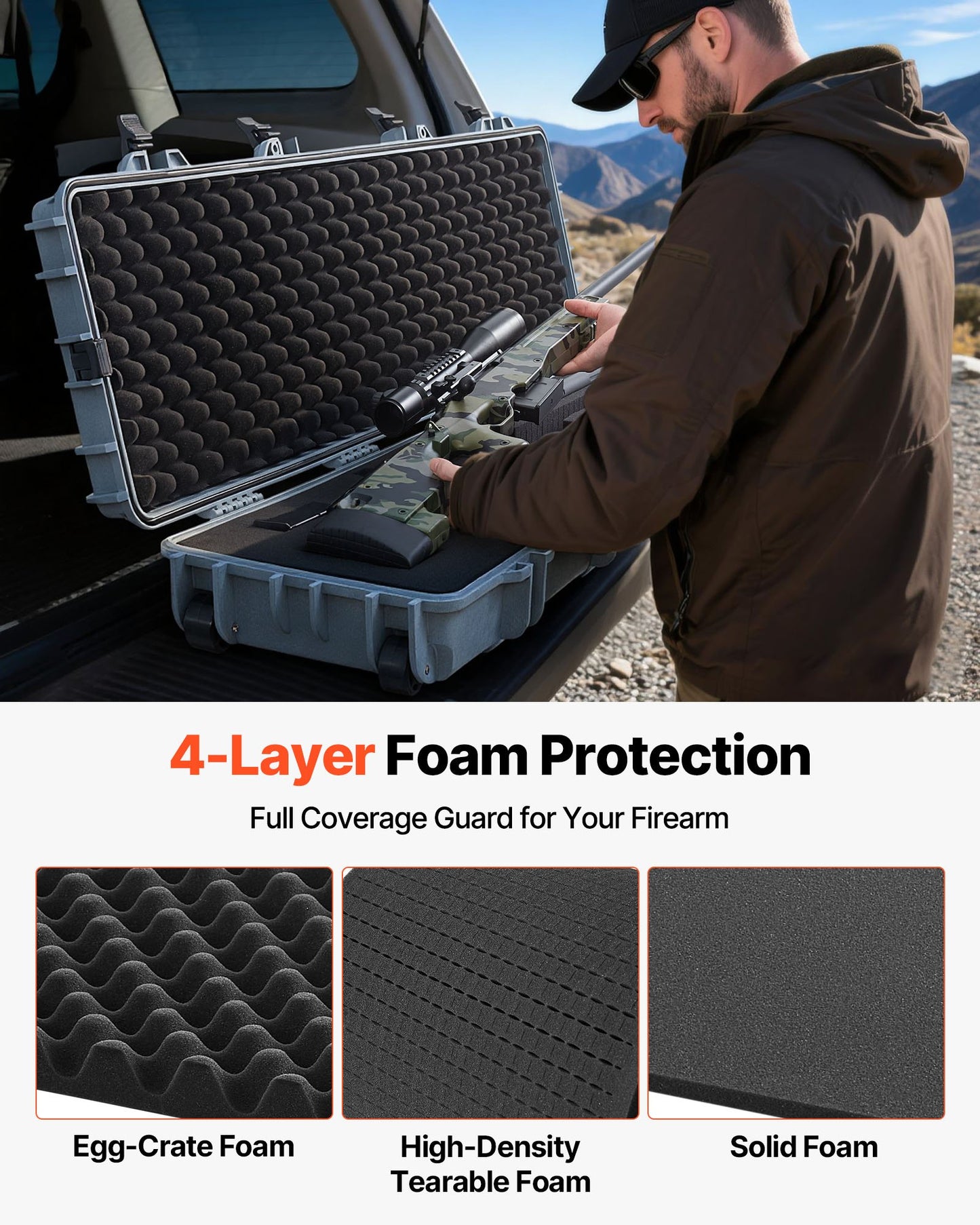 Hård gevärsväska, låsbar gevärsväska med förskurna skum, 1270 mm flyttbar vapenförvaring med hjul, IP67 vattentät och dammtät pistolförvaring för gevär, hagelgevär, airsoftvapen, grå