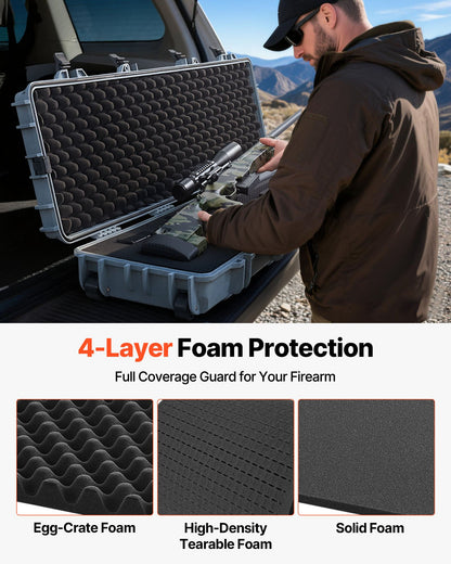Hård gevärsväska, låsbar gevärsväska med förskurna skum, 1270 mm flyttbar vapenförvaring med hjul, IP67 vattentät och dammtät pistolförvaring för gevär, hagelgevär, airsoftvapen, grå