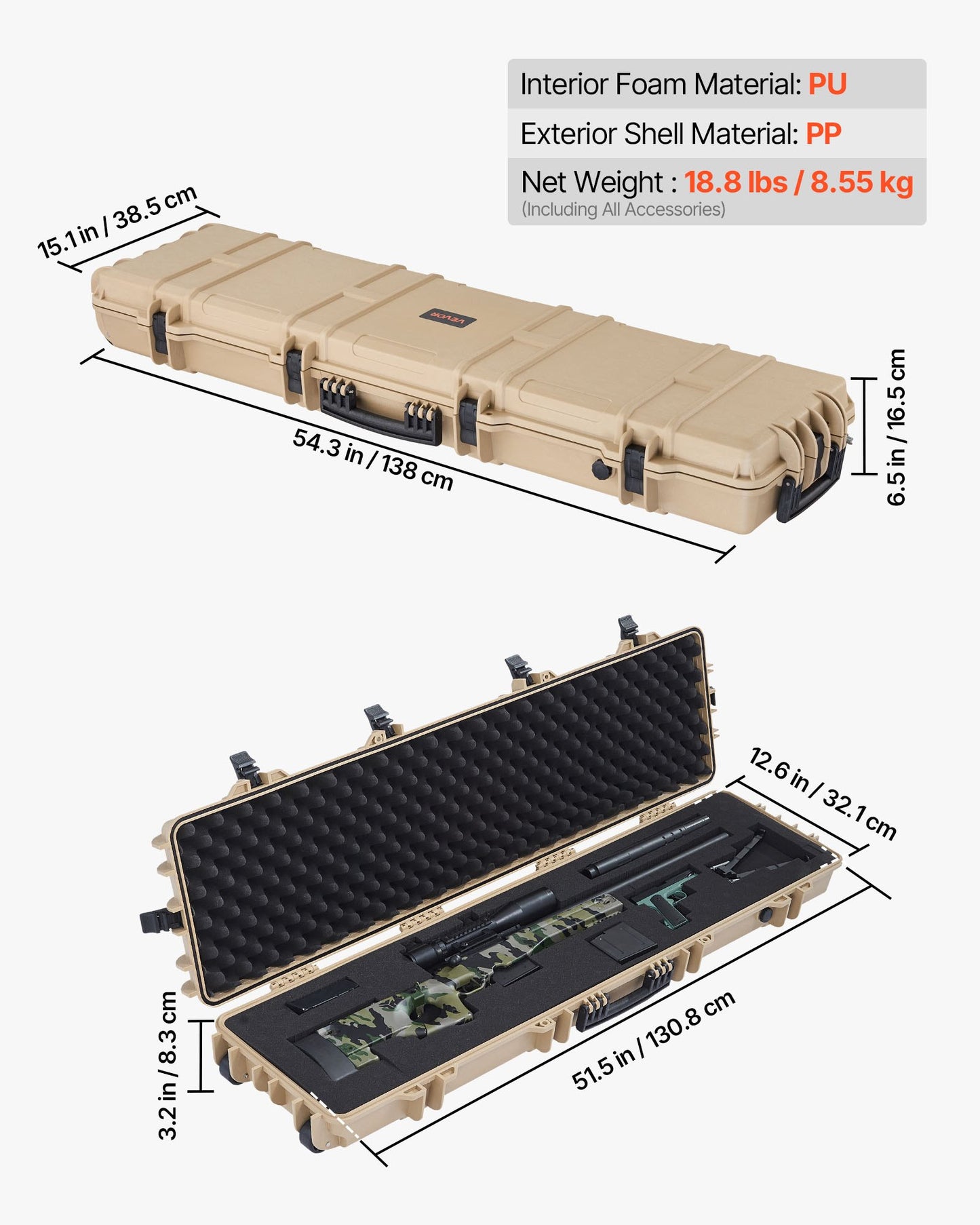 Hård gevärsväska, låsbar gevärsväska med förskurna skum, 1270 mm flyttbar vapenförvaring med hjul, IP67 vattentät och dammtät pistolförvaring för gevär, hagelgevär, airsoftvapen, kaki