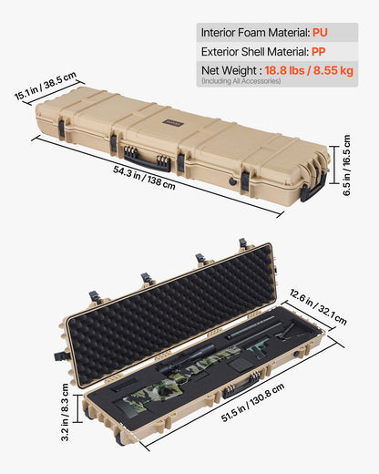 Hård gevärsväska, låsbar gevärsväska med förskurna skum, 1270 mm flyttbar vapenförvaring med hjul, IP67 vattentät och dammtät pistolförvaring för gevär, hagelgevär, airsoftvapen, kaki