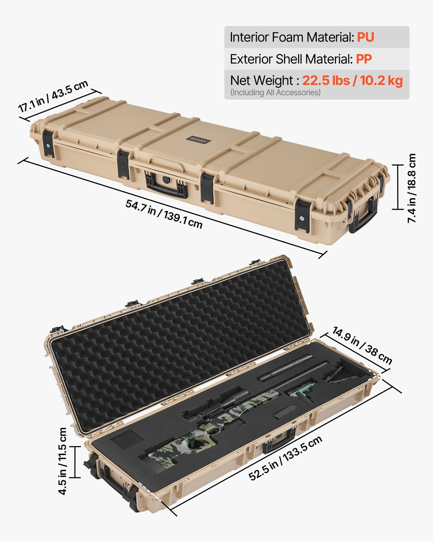 Hård gevärsväska, låsbar gevärsväska med förskurna skum, 1320 mm vapenförvaring med hjul, kraftiga IP67 vattentäta och dammtäta pistolförvaringsväskor för gevär, hagelgevär, airsoftvapen, khaki