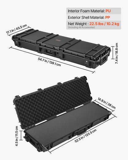 Hård gevärsväska, låsbar gevärsväska med förskurna skum, 1320 mm vapenförvaring med hjul, kraftiga IP67 vattentäta och dammtäta pistolförvaringsväskor för gevär, hagelgevär, airsoftvapen, svart