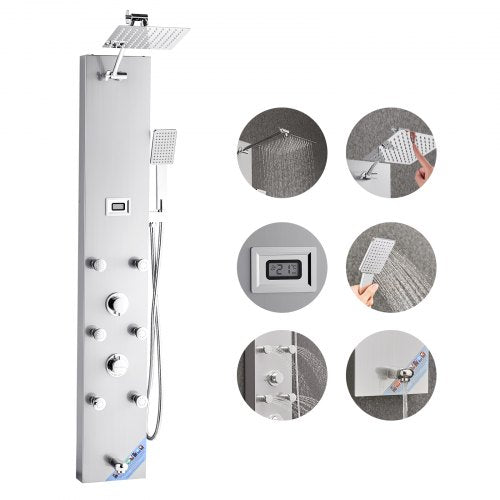 Duschpaneltornsystem med regnduschmunstycke, LED, 122 cm duschpelare i borstat rostfritt stål, kran med 4 funktioner, väggmonterat regnmassagesystem med 6 kroppsstrålar, handhållen dusch och badkarspip