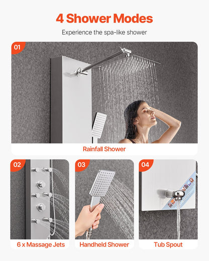 Duschpaneltornsystem med regnduschmunstycke, LED, 122 cm duschpelare i borstat rostfritt stål, kran med 4 funktioner, väggmonterat regnmassagesystem med 6 kroppsstrålar, handhållen dusch och badkarspip