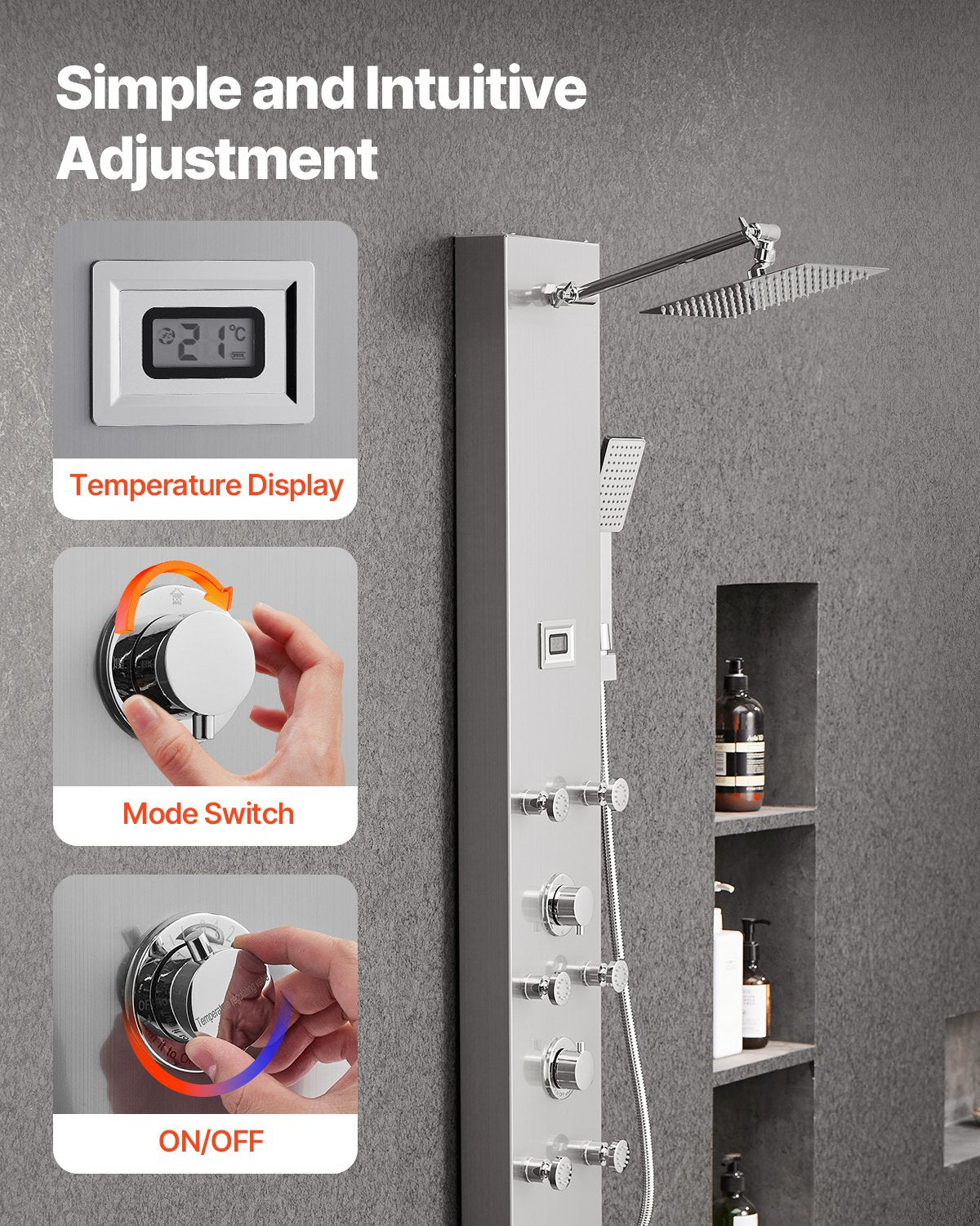 Duschpaneltornsystem med regnduschmunstycke, LED, 122 cm duschpelare i borstat rostfritt stål, kran med 4 funktioner, väggmonterat regnmassagesystem med 6 kroppsstrålar, handhållen dusch och badkarspip