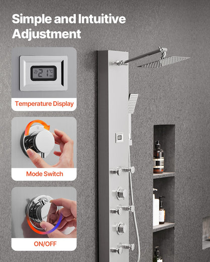 Duschpaneltornsystem med regnduschmunstycke, LED, 122 cm duschpelare i borstat rostfritt stål, kran med 4 funktioner, väggmonterat regnmassagesystem med 6 kroppsstrålar, handhållen dusch och badkarspip