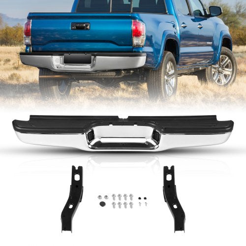 Bakre stötfångare, kompatibel med 1995-2004-Toyota Tacoma, stötfångare i kromstål, reservdel för bakre stötfångare med registreringsskyltsbelysning och fotsteg, utan sensorhål, för TO1102215
