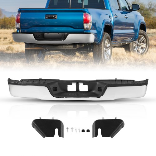 Bakre stötfångare, kompatibel med 2007-2013-Toyota Tundra, stötfångare i kromstål, reservdel för bakre stötfångare med registreringsskyltsbelysning och fotsteg, utan sensorhål, för TO1103117