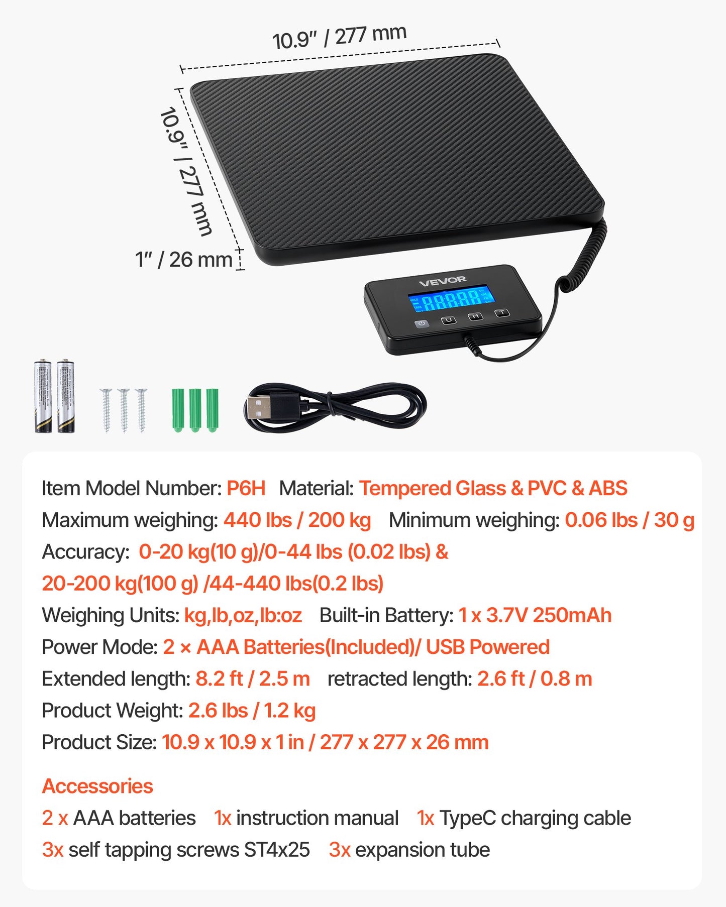Digital Postal Scale, 10 g/100 g Dual Accuracy, 200 kg Commercial Weight Scale with Hold/Tare Function & LCD Display, Fit for Packages, Postage, Luggage, Battery & Charging Cable Included