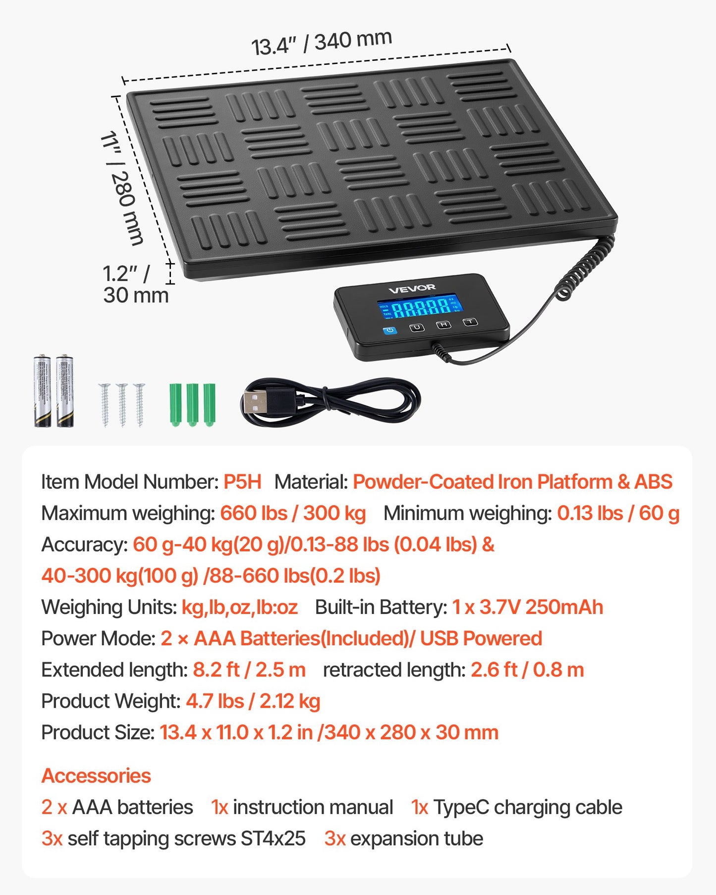 Digital Postal Scale, 20 g/100 g Dual Accuracy, 300 kg Commercial Weight Scale with Hold/Tare Function & LCD Display, Fit for Packages, Postage, Luggage, Battery & Charging Cable Included