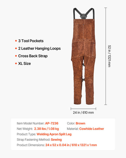 Leather Welding Apron Split Leg, Heavy Duty Cowhide Flame Resistant Welding Pants for Men Women, Heat-Resistant Safety Apron with 3 Pockets for Woodworking, Gardening, Blacksmithing, XL-Size