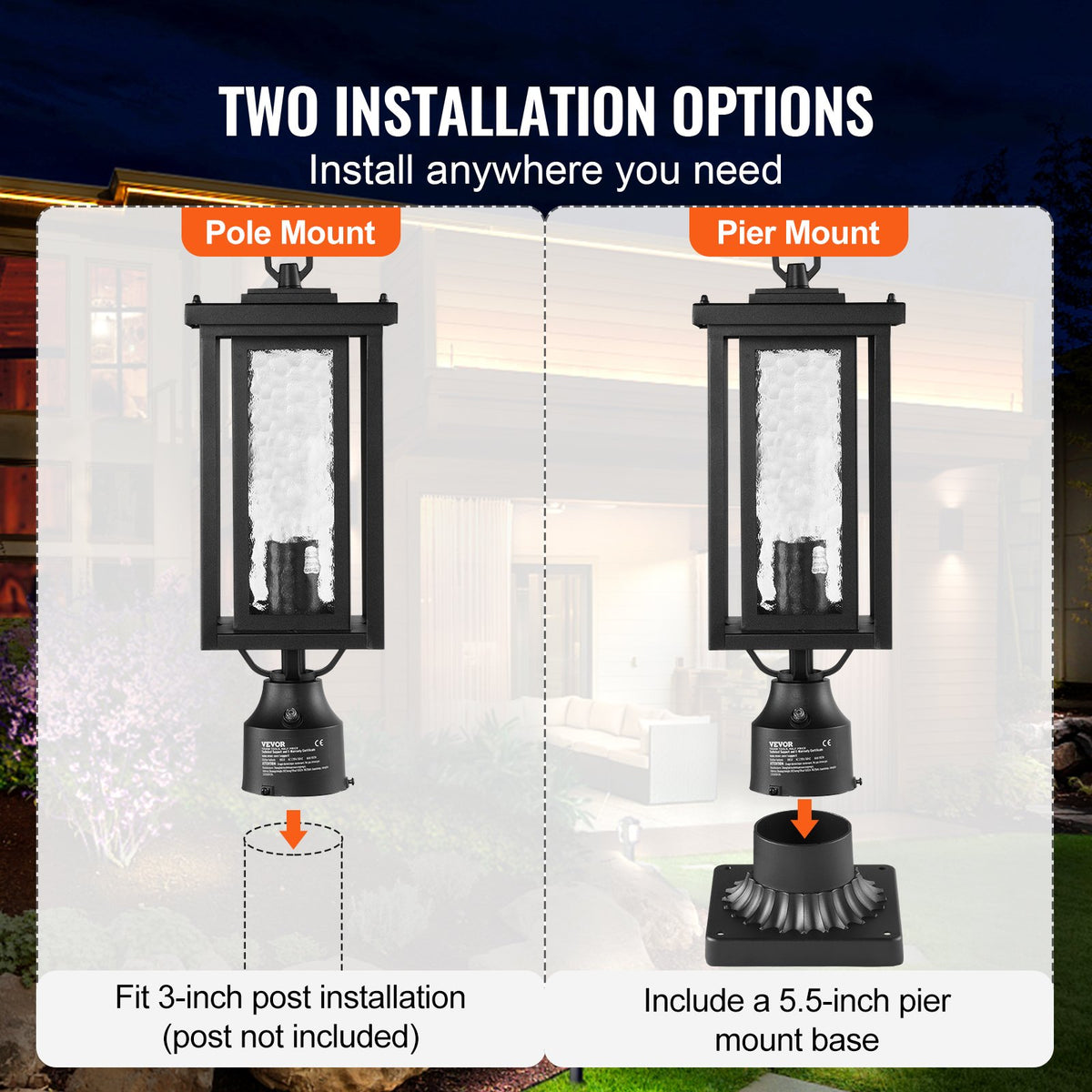 2 Pack Dusk to Dawn Outdoor Post Light, 450 mm, Waterproof Lamp Post Light Fixtures with 3.5 in Pier Mount Base Glass Shade, Lightning-proof Exterior Pole Column Light for Patio Garden Pathway