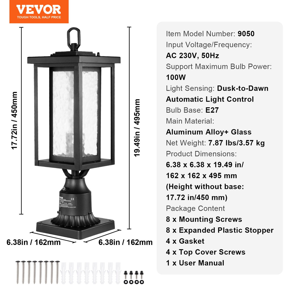 2 Pack Dusk to Dawn Outdoor Post Light, 450 mm, Waterproof Lamp Post Light Fixtures with 3.5 in Pier Mount Base Glass Shade, Lightning-proof Exterior Pole Column Light for Patio Garden Pathway