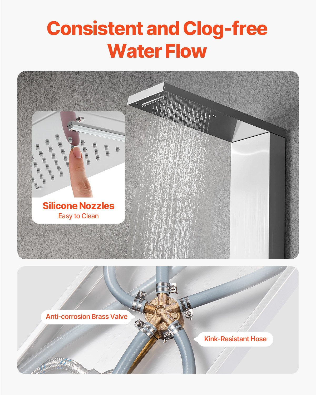 Duschpaneltornssystem med regnduschmunstycke, 53 tum duschpelare i borstat rostfritt stål, kran med 5 funktioner, väggmonterat regnmassagesystem med 2 kroppsstrålar, handhållen, badkarspip