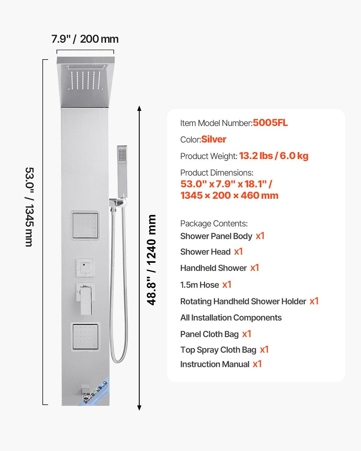 Duschpaneltornssystem med regnduschmunstycke, 53 tum duschpelare i borstat rostfritt stål, kran med 5 funktioner, väggmonterat regnmassagesystem med 2 kroppsstrålar, handhållen, badkarspip