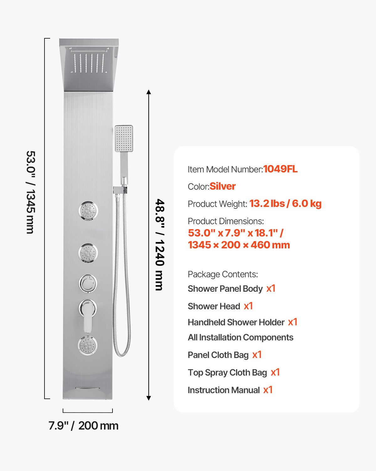 Duschpaneltornssystem med regnduschmunstycke, 53 tum duschpelare i borstat rostfritt stål, kran med 5 funktioner, väggmonterat regnmassagesystem med 3 kroppsstrålar, handhållen, badkarspip