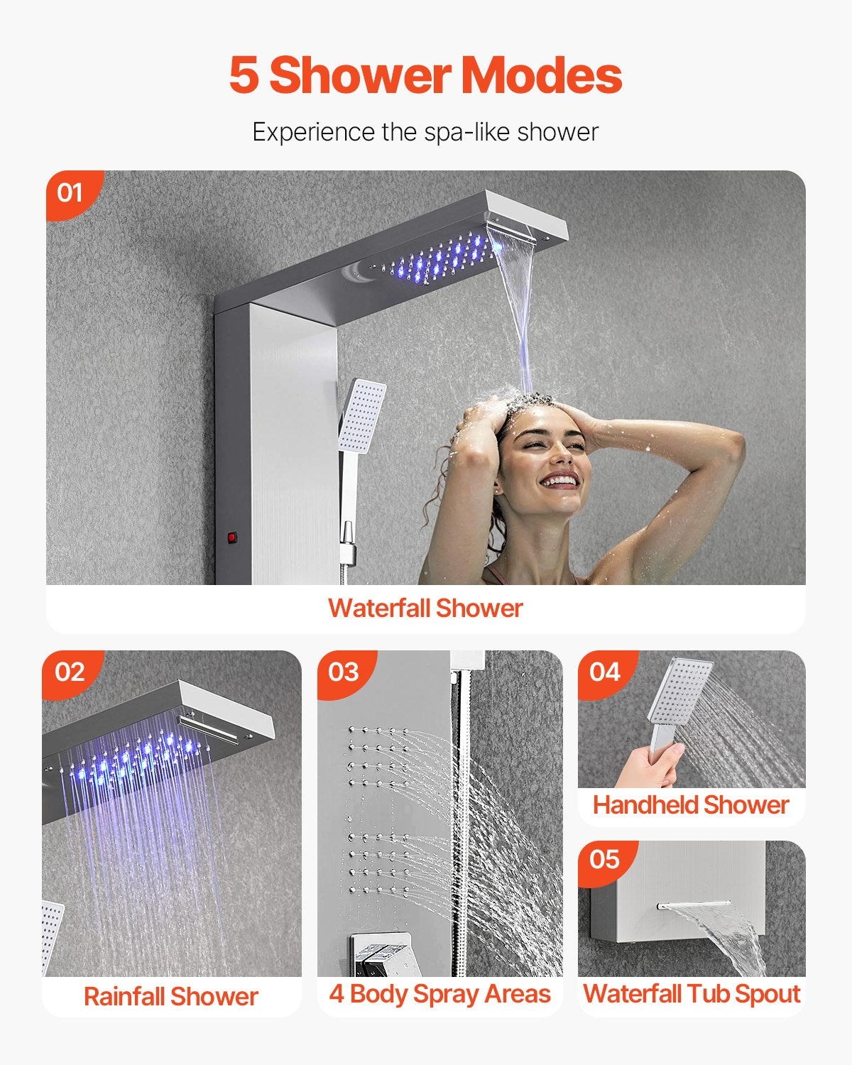 Duschpaneltornssystem med regnduschmunstycke, LED, 53 tum duschpelare i borstat rostfritt stål, kran med 5 funktioner, väggmonterat regnmassagesystem, med handhållen pip och badkarspip