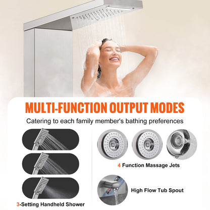 Duschpanelsystem, 6 duschlägen, LED- och displayduschpaneltorn, regn, vattenfall, 4 massagestrålar, badkarspip, handhållet duschmunstycke 137 cm slang, väggmonterat duschset i rostfritt stål