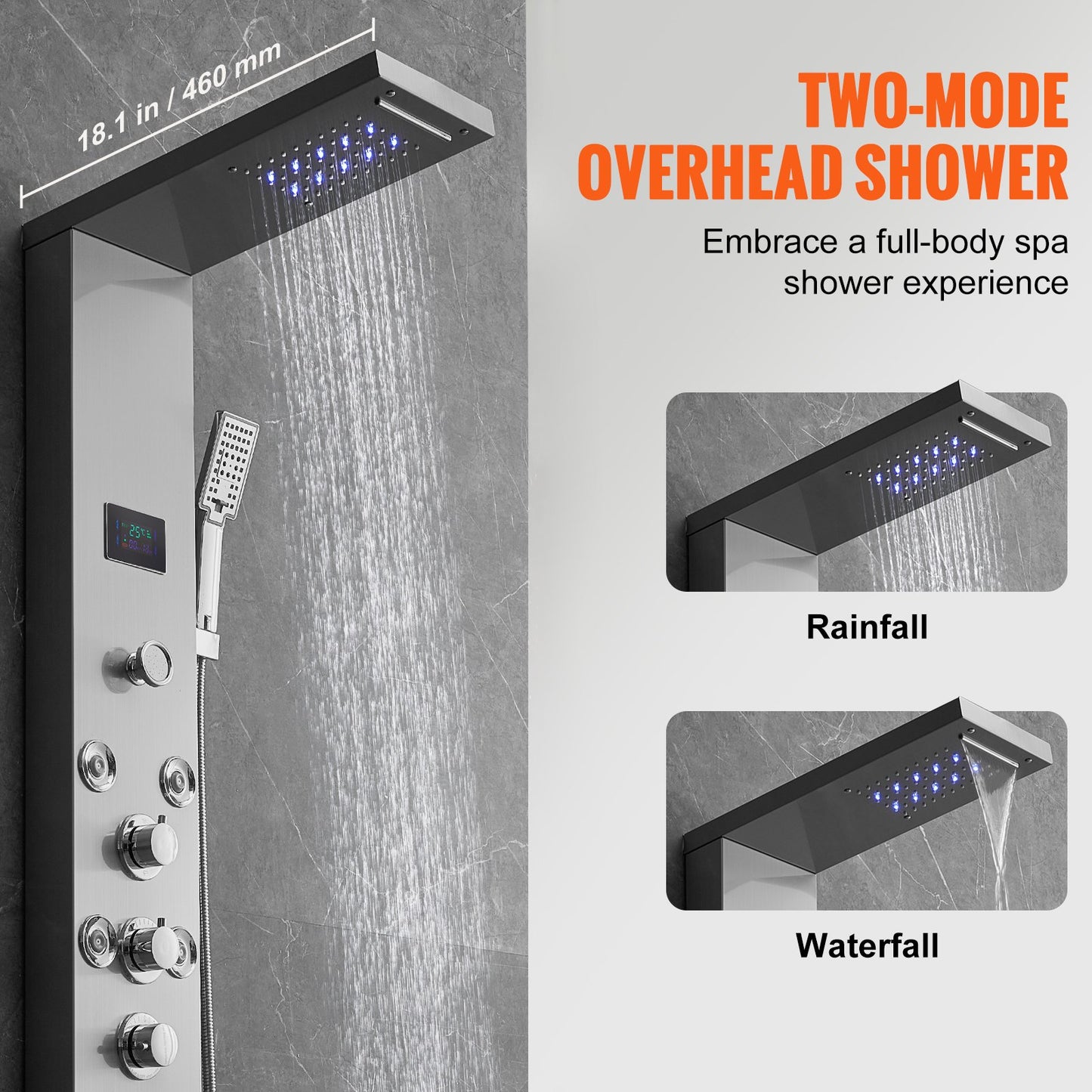 Duschpanelsystem, 6 duschlägen, LED- och skärmmonterad duschpanel med vattenkraft, regndusch, vattenfall, 8 massagestrålar, badkarspip, handdusch, väggmonterad duschset i rostfritt stål