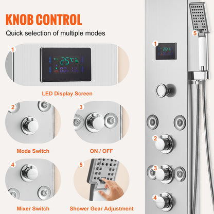 Duschpanelsystem, 6 duschlägen, LED- och skärmmonterad duschpanel med vattenkraft, regndusch, vattenfall, 8 massagestrålar, badkarspip, handdusch, väggmonterad duschset i rostfritt stål