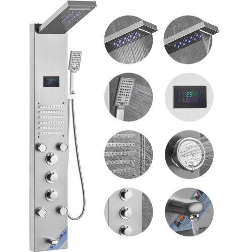Duschpanelsystem, 6 duschlägen, LED- och skärmmonterad duschpanel med vattenkraft, regndusch, vattenfall, 5 massagestrålar, badkarspip, handdusch, väggmonterad duschset i rostfritt stål