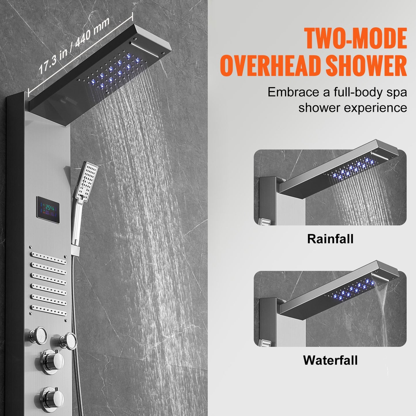 Duschpanelsystem, 6 duschlägen, LED- och skärmmonterad duschpanel med vattenkraft, regndusch, vattenfall, 5 massagestrålar, badkarspip, handdusch, väggmonterad duschset i rostfritt stål