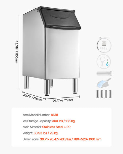 Förvaringsbehållare för kommersiell ismaskin, islåda med kapacitet på 136 kg, förvaringsbehållare i rostfritt stål för kommersiell is med justerbara halkfria gummifötter, lämplig för restauranger, hotell och dryckesbutiker