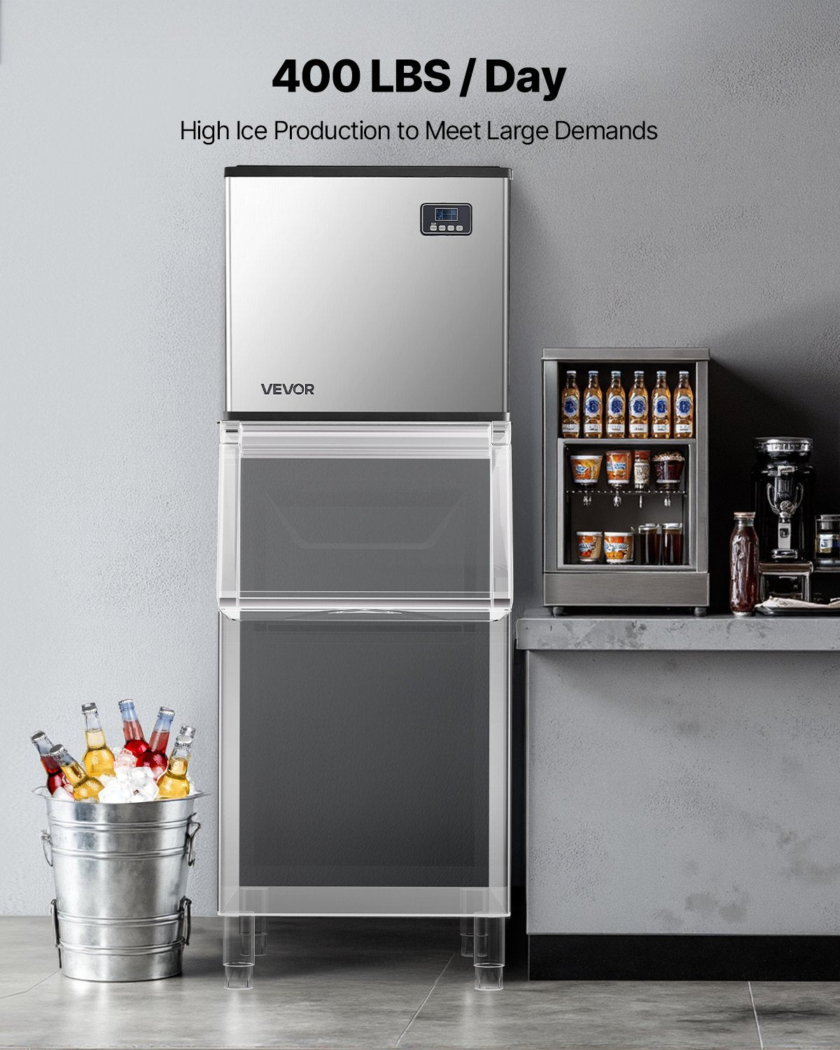 Kommersiell ismaskin - Huvud, 181,4 kg/dag ismaskin i rostfritt stål med självrengöring, schemalagd istillverkning, justerbar tjocklek, idealisk för restaurangbar, café, hotell - Endast huvud