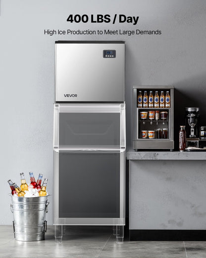 Kommersiell ismaskin - Huvud, 181,4 kg/dag ismaskin i rostfritt stål med självrengöring, schemalagd istillverkning, justerbar tjocklek, idealisk för restaurangbar, café, hotell - Endast huvud