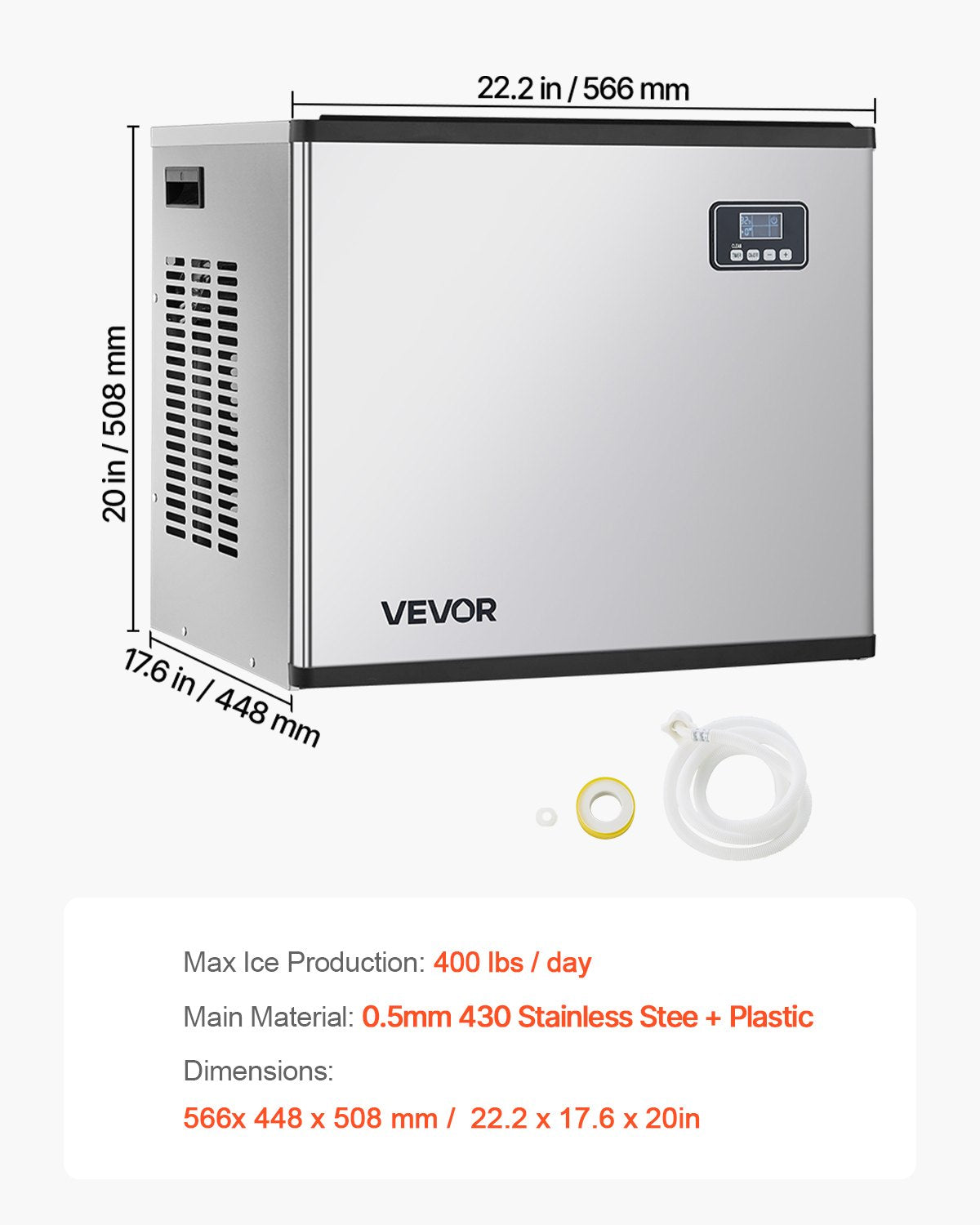 Kommersiell ismaskin - Huvud, 181,4 kg/dag ismaskin i rostfritt stål med självrengöring, schemalagd istillverkning, justerbar tjocklek, idealisk för restaurangbar, café, hotell - Endast huvud