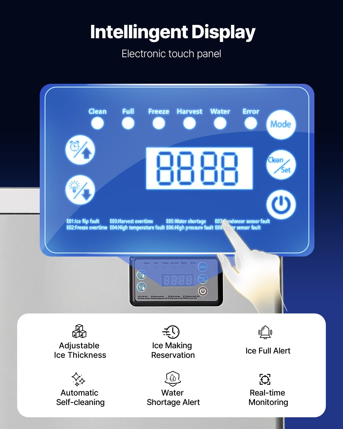 Kommersiell ismaskin - Huvud, 204 kg/dag ismaskin i rostfritt stål med schemalagd istillverkning, självrengörande, justerbar tjocklek, idealisk för restaurangbar café hotell - Endast huvud