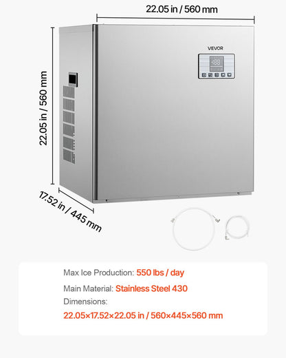 Kommersiell ismaskin - huvud, 250 kg/dag ismaskin i rostfritt stål med schemalagd istillverkning, självrengörande, justerbar tjocklek, idealisk för restaurangbar café hotell - endast huvud