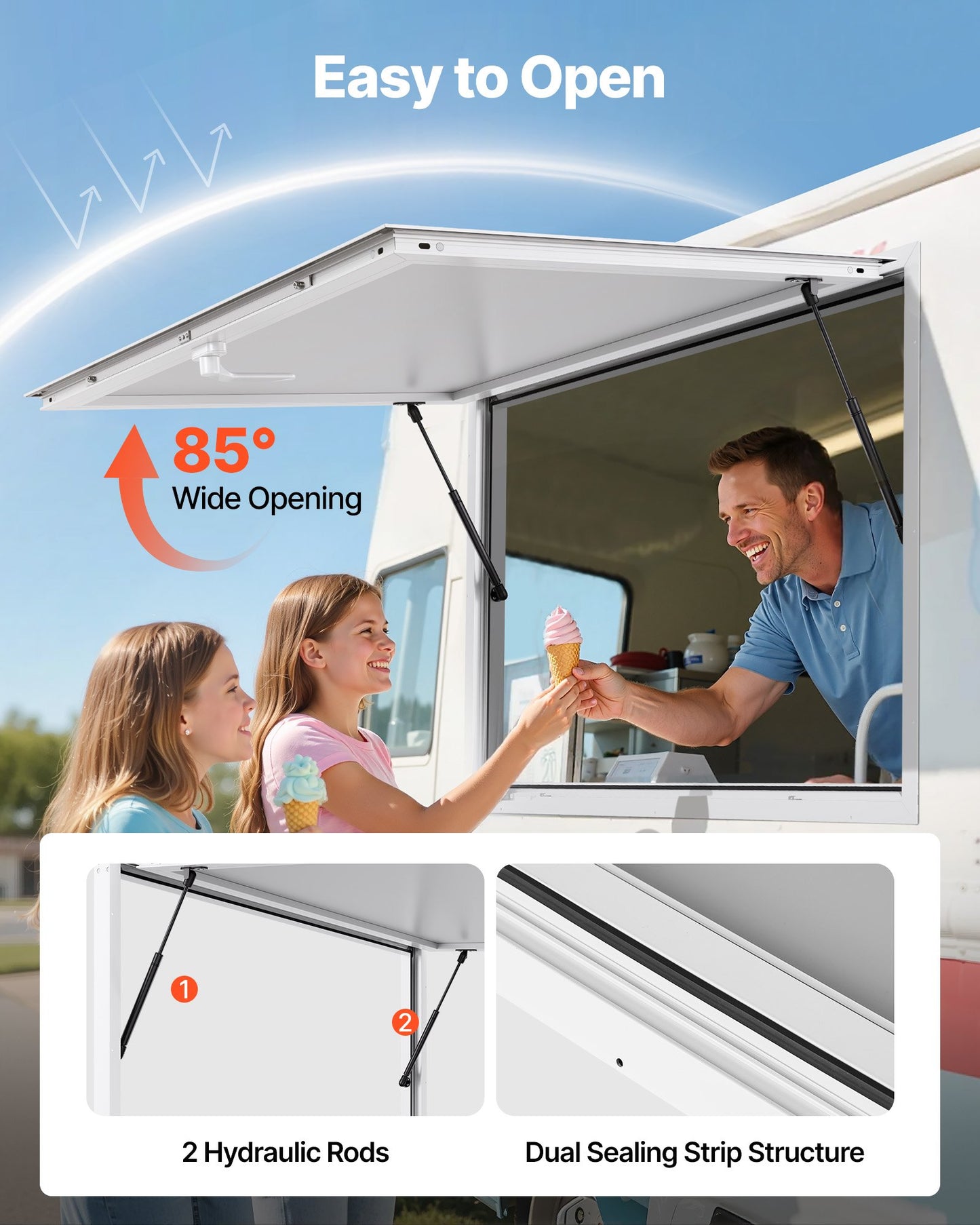 Koncessionsfönster 135x84 cm, servicefönster med aluminiumram för food truck, upp till 85 graders ställfönster med markisdörr och dragkrok, regnvattentåligt för koncessionsvagn