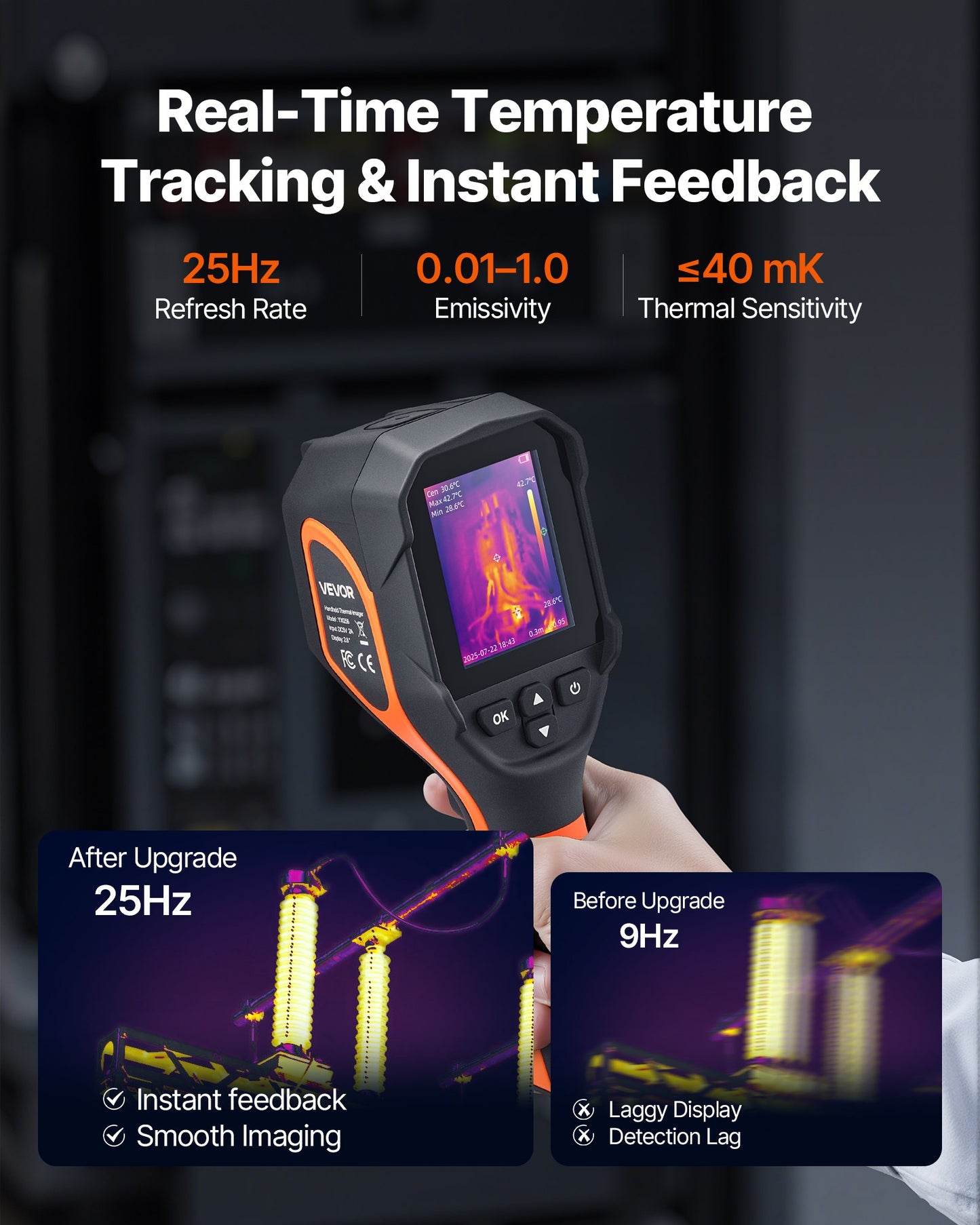 Värmekamera, 320 x 240 TISR superupplösning, värmekamera med 2 MP visuell kamera, 160 x 120 IR-upplösning, 25 HZ uppdateringsfrekvens, -4°F till 1022°F, 4 bildlägen och 6 färgpaletter