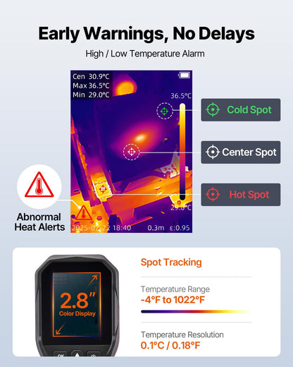 Värmekamera, 320 x 240 TISR superupplösning, värmekamera med 2 MP visuell kamera, 160 x 120 IR-upplösning, 25 HZ uppdateringsfrekvens, -4°F till 1022°F, 4 bildlägen och 6 färgpaletter