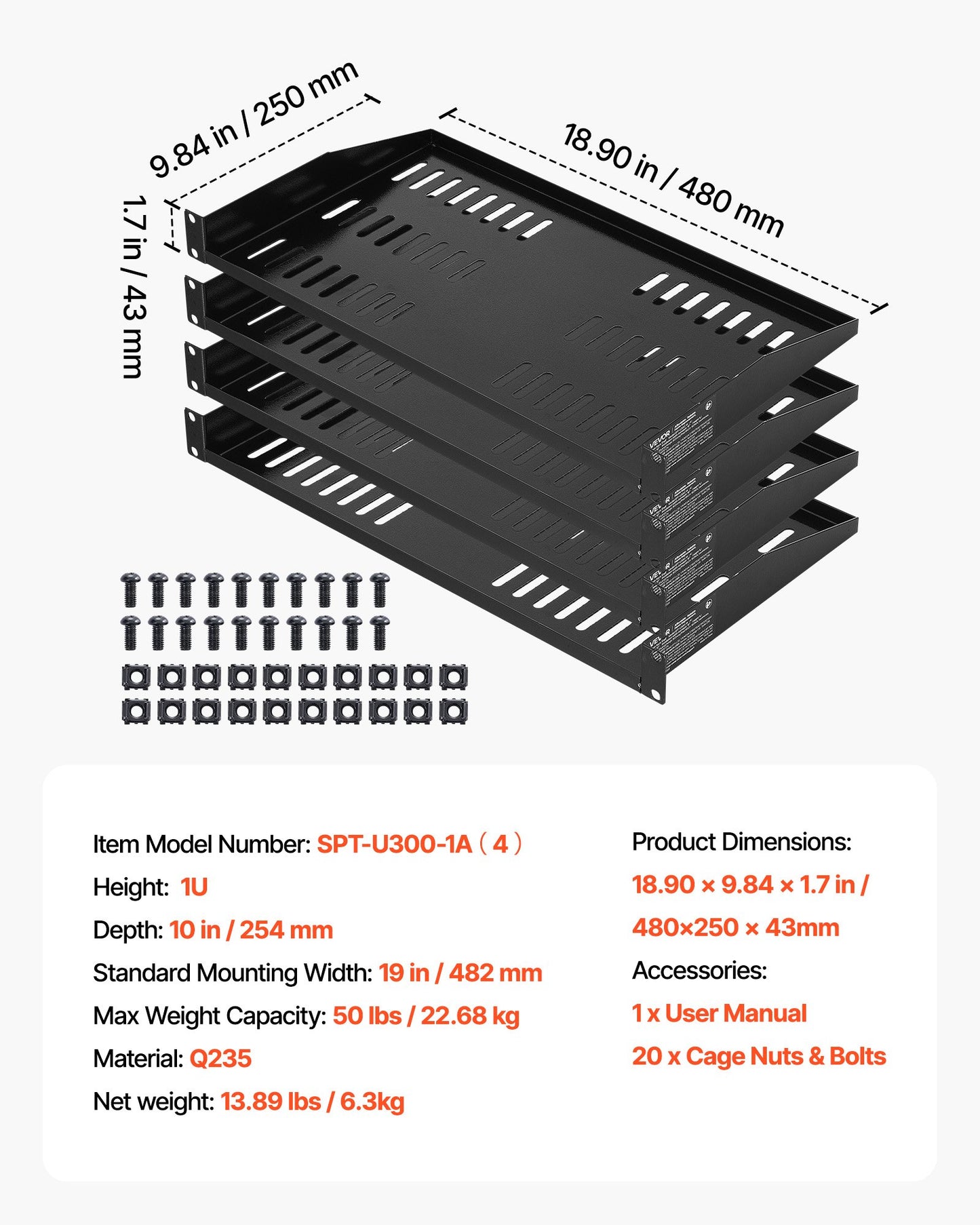 1U serverhylla, 4 st, 22,68 kg maxbärande ventilerad cantilever, väggmonterad eller rackmonterad hylla med bricka, 254 mm djup, god luftcirkulation för skåpbaserad datornätverksutrustning