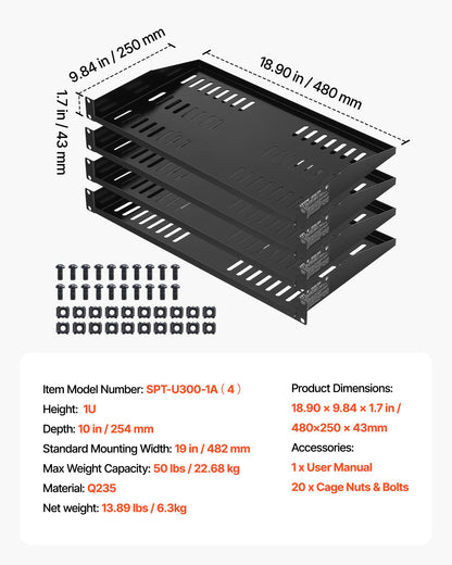 1U serverhylla, 4 st, 22,68 kg maxbärande ventilerad cantilever, väggmonterad eller rackmonterad hylla med bricka, 254 mm djup, god luftcirkulation för skåpbaserad datornätverksutrustning
