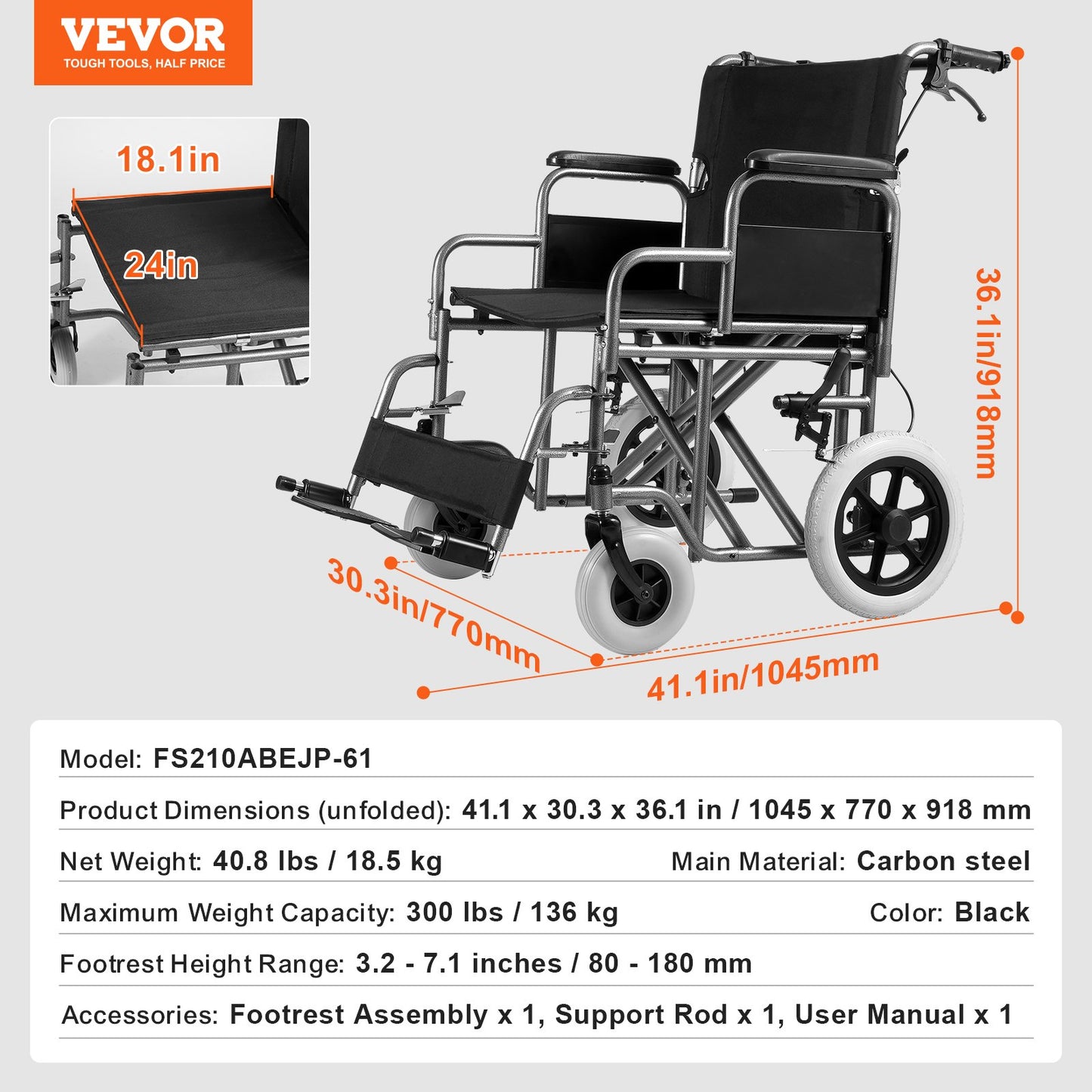 Rullstol, transportstol i kolstål för vuxna, hopfällbar rullstol med avtagbart armstöd, självlåsande broms, 61 cm brett säte, 136 kg viktkapacitet, för funktionshindrade som rör sig fritt