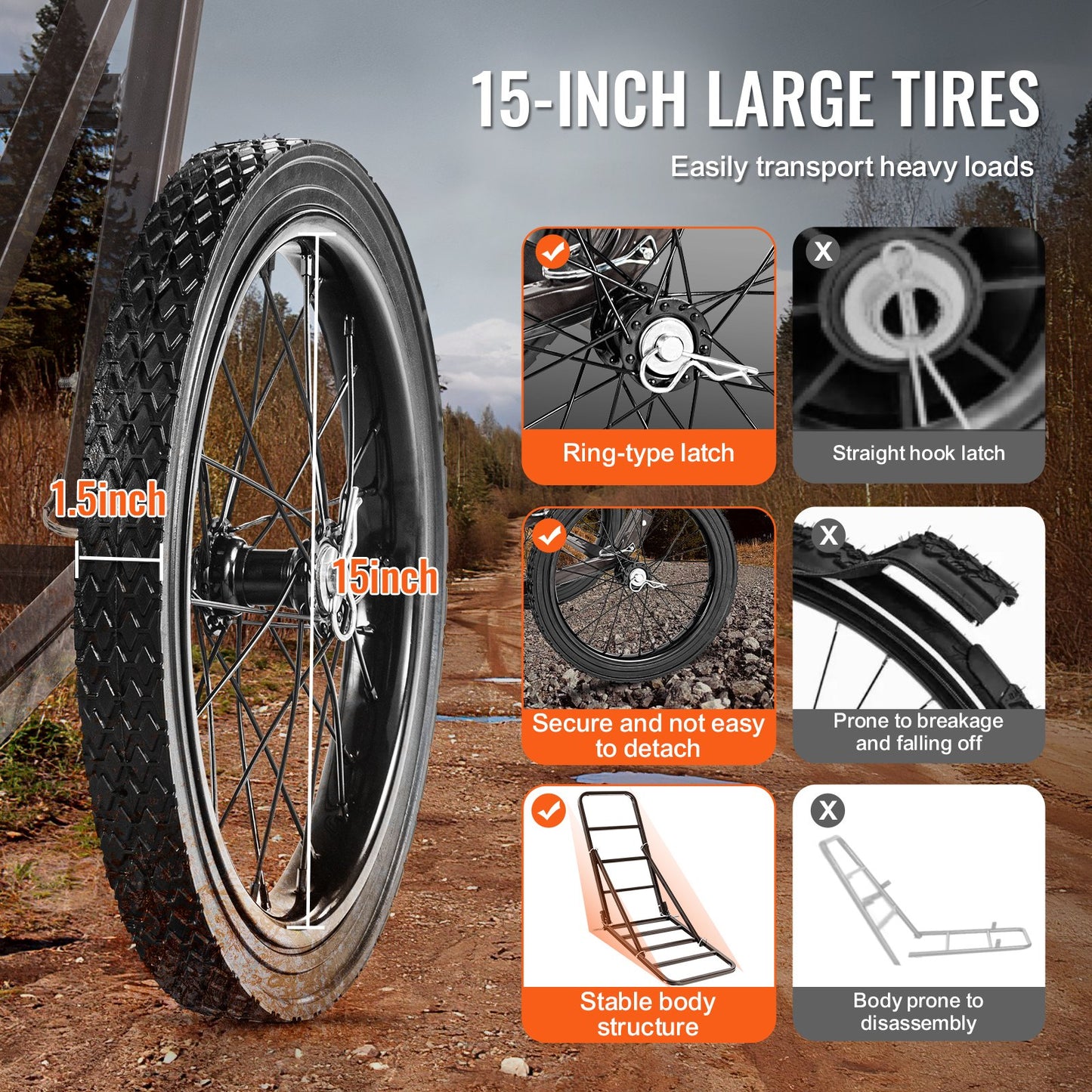 Hjortvagn, hopfällbar viltvagn med kapacitet på 136 kg, vilttransportör för hjortvagn med stora gummihjul och ergonomiskt handtag, tillbehör till kraftiga viltvagnar, redskapsvagn för jakt, fiske, vandring