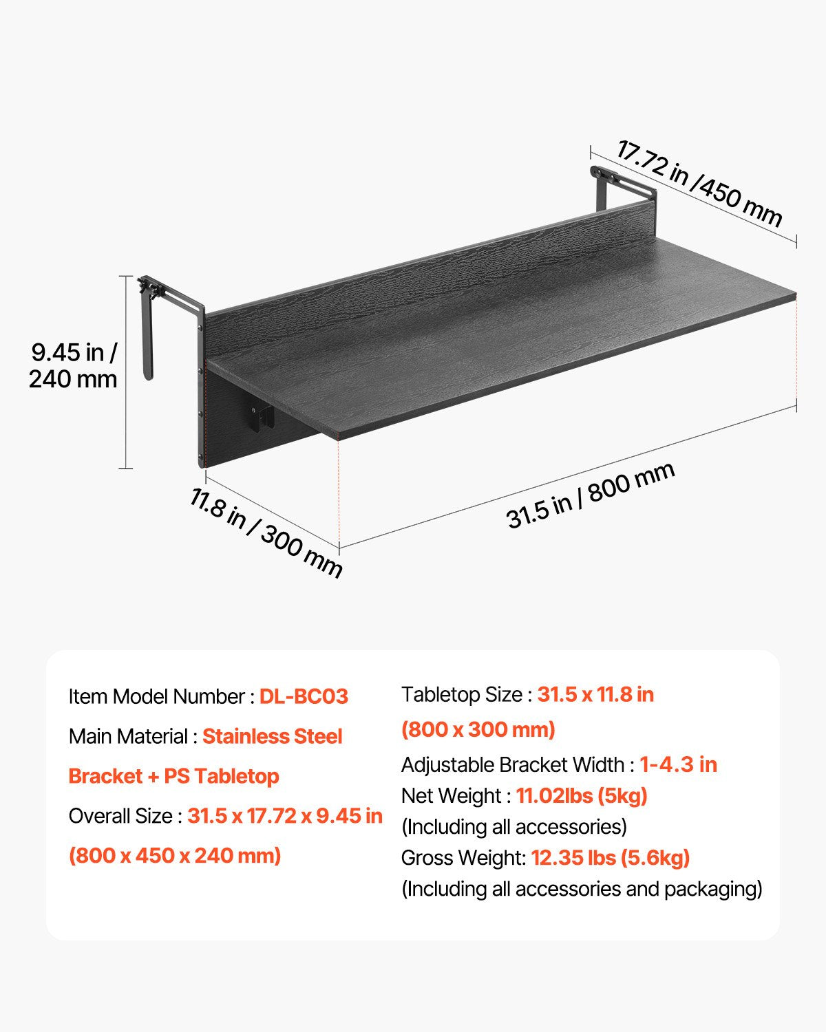 Hängbord för balkong, 30 x 80 cm hopfällbart balkongräckebord, barbord för utomhusbalkong för räcken, 22,5 kg last, passar räcken från 2,5 till 10,5 cm, serveringsbord för uteplats och altan