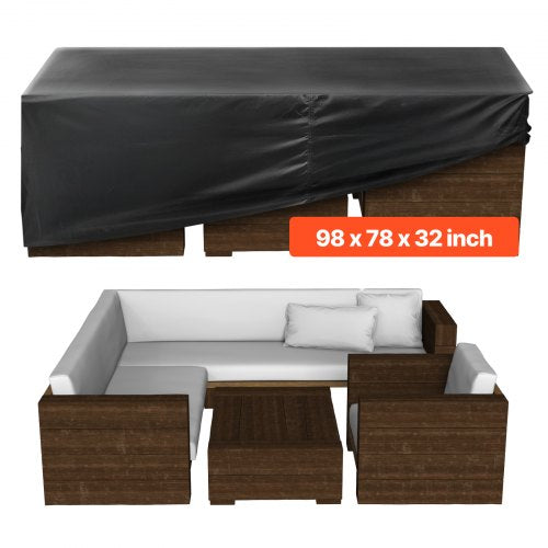 Överdrag till uteplatsmöbler, 420D kraftigt vattentätt överdrag för utomhusmatbord och stolar, stort rektangulärt överdrag till uteplatsbord med ventilation för alla väder, 249L x 198B x 81H cm, svart