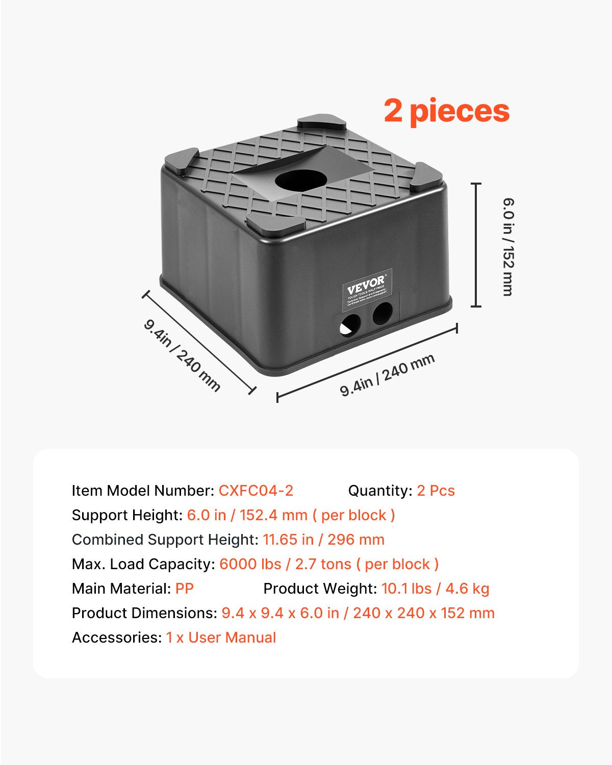 Domkraftblock, 15 cm höga, kraftiga nivåutjämnande block för husbilar, vardera med en kapacitet på 2800 kg, som domkraft, pall, husbilstillbehör, för husvagnar, 5-hjuls husbilar med klass A/C, 2 st