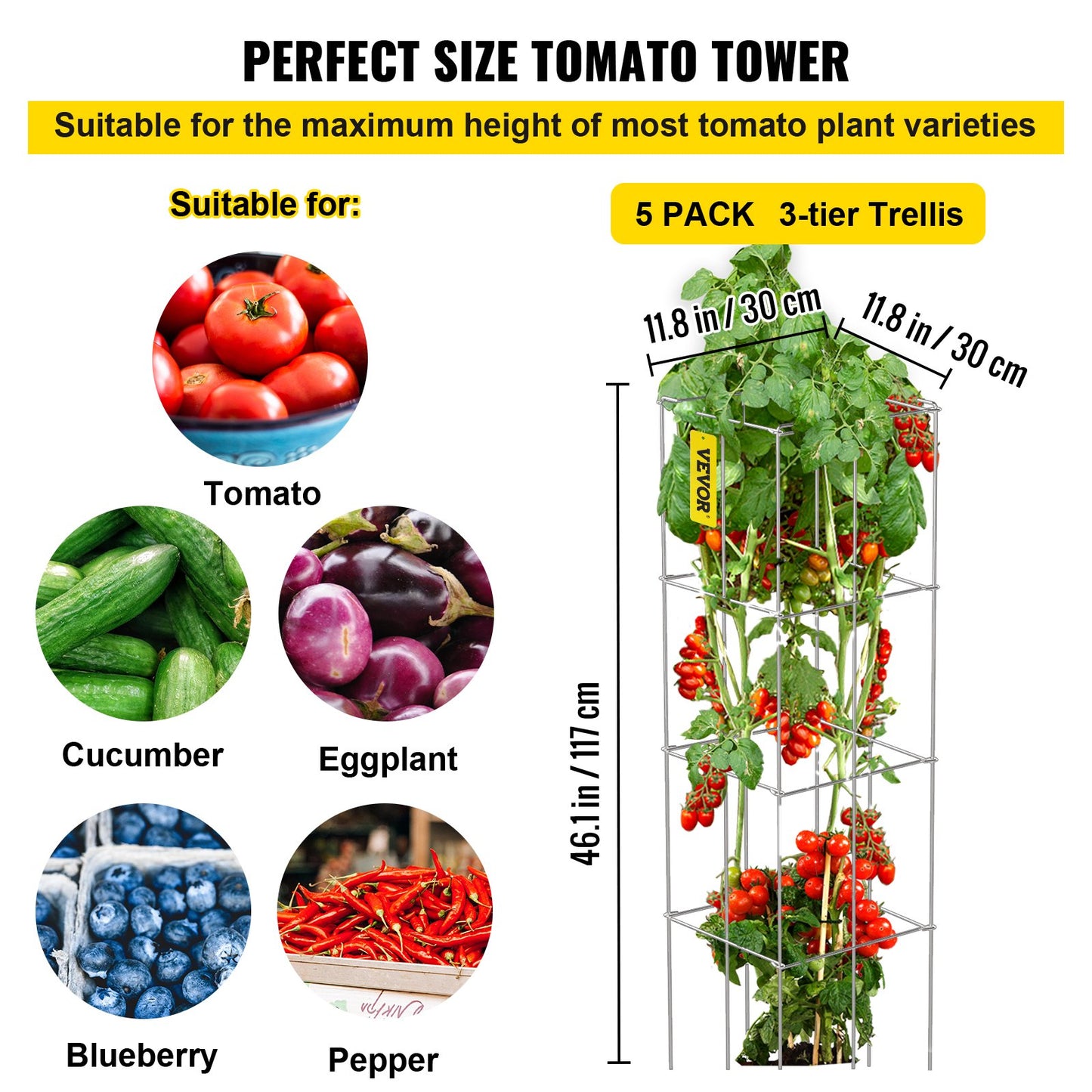 Tomatburar, 28 x 28 x 122 cm, 5-pack fyrkantiga växtstödburar, silverfärgade PVC-belagda tomattorn i stål för klättergrönsaker, växter, blommor och frukter